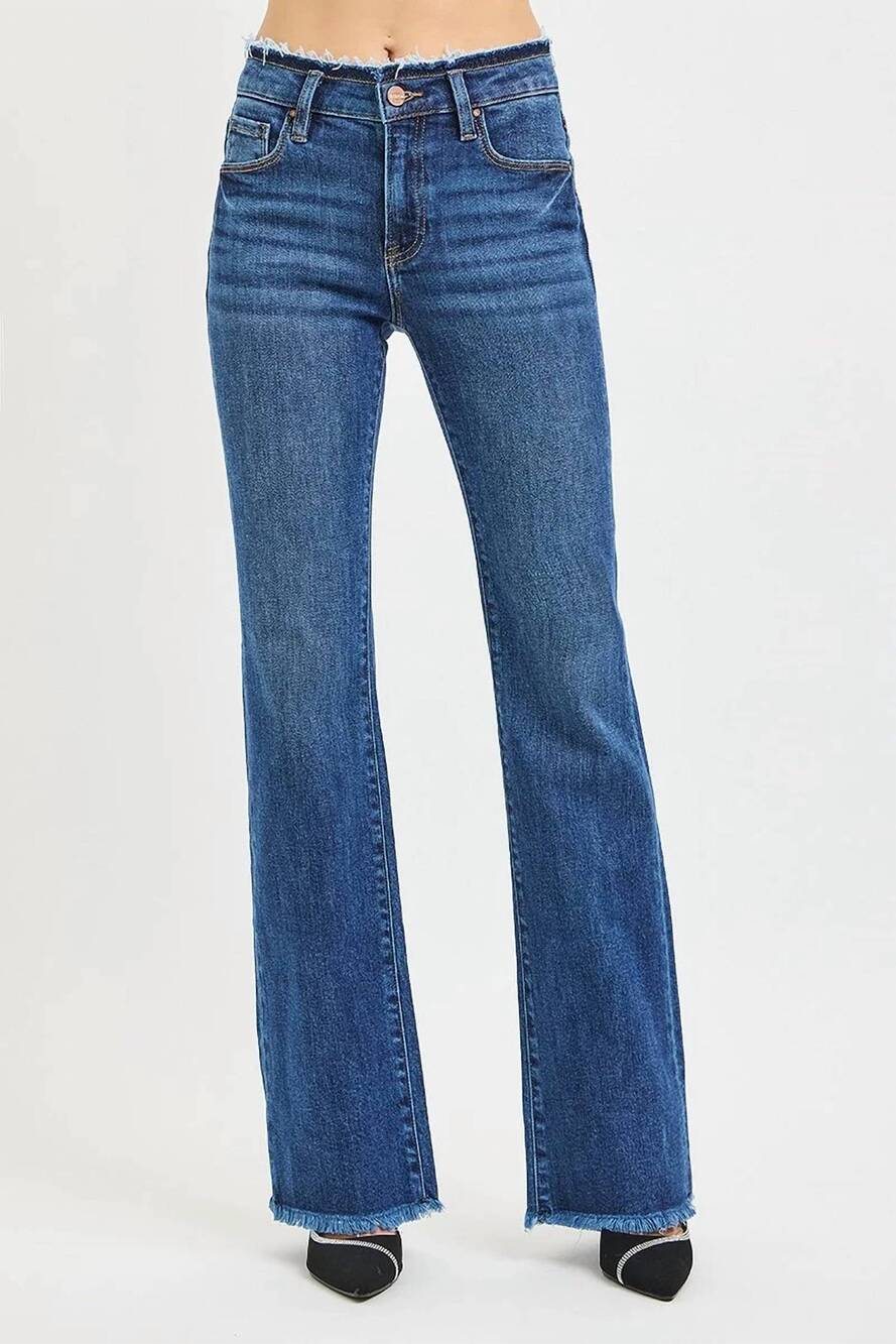 NEW RISEN mid rise bootcut frayed stretchy jeans in dark